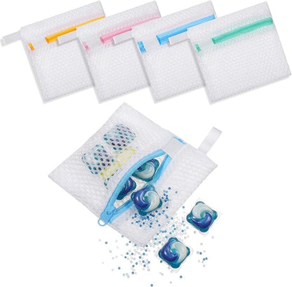 4 PCS Laundry Pod Anti-Sticking Bag Reusable Laundry Mesh Bag with Zipper Mini Pods Dissolution Protection Pacs Secure Holder for Detergent Pods Scent Beads Washer Safe Delicates