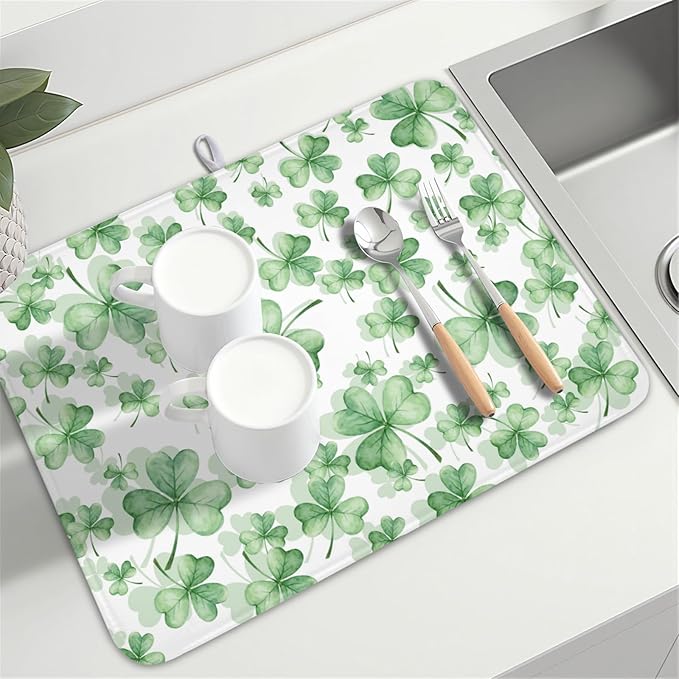 St Patrick's Day Dish Drying Mat for Kitchen Counter,Green Lucky Charm Shamrocks Drying Mat 18 x 24 Inch with High Absorbent Microfiber Drainer Mat for Coffee Bar