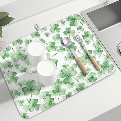 St Patrick's Day Dish Drying Mat for Kitchen Counter,Green Lucky Charm Shamrocks Drying Mat 18 x 24 Inch with High Absorbent Microfiber Drainer Mat for Coffee Bar