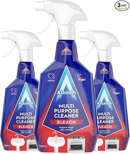 Astonish Multi Purpose Cleaning Spray 3 Pack With The Power Of Bleach - All Purpose Cleaning Solution Removes Heavy Duty Stains & Hygienically Cleans Bathrooms & Kitchen Surfaces, 750ml Spray Bottle