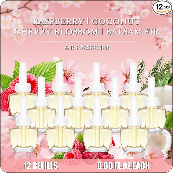 Plug In Air Freshener Refills 12 Pack – Cherry Blossom, Raspberry, Balsam Fir, Coconut, Spring & Summer Scented Refill for Home & Bathroom, Compatible with Air Wick & Glade, Not for Glade Plus