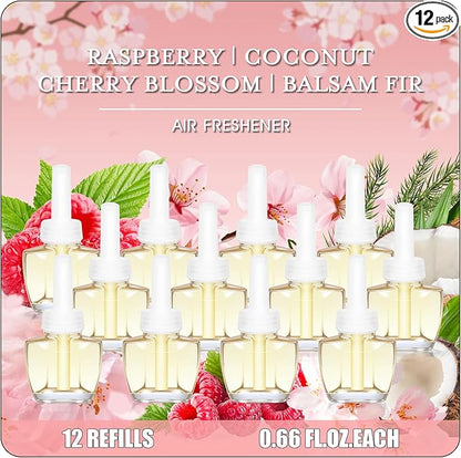 Plug In Air Freshener Refills 12 Pack – Cherry Blossom, Raspberry, Balsam Fir, Coconut, Spring & Summer Scented Refill for Home & Bathroom, Compatible with Air Wick & Glade, Not for Glade Plus