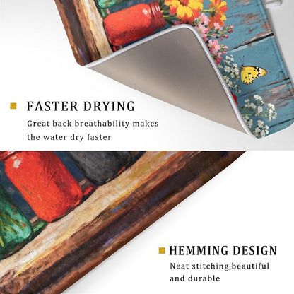 Spring Summer Floral Dish Drying Mat for Kitchen Counter 18x24 Woodgrain Colorful Flower Butterfly Seasonal Absorbent Reversible Microfiber Drying Mats Kitchen Countertop Protector Dishes Drainer Pad