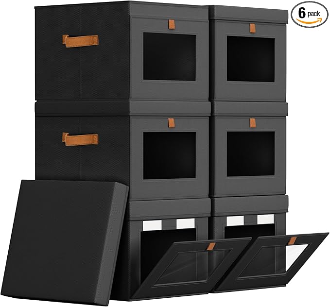 Storage Bins with Lid – Closet Organizer with Side Opening and Clear Window, Foldable Stackable Fabric Basket for Clothes, Home, Office - 13.77" x 11.8" x 9.8", 6 Pack, Black