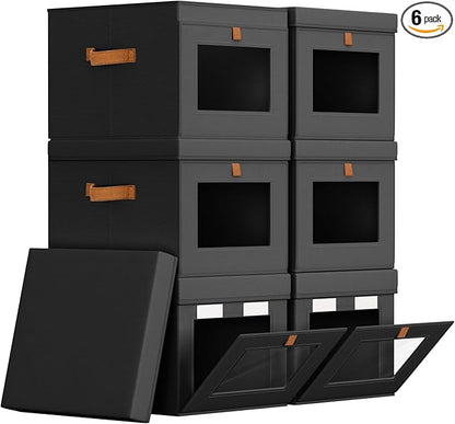 Storage Bins with Lid – Closet Organizer with Side Opening and Clear Window, Foldable Stackable Fabric Basket for Clothes, Home, Office - 13.77" x 11.8" x 9.8", 6 Pack, Black