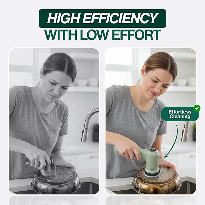 Electric Spin Scrubber – Handheld & Ergonomic, IPX7 Waterproof, 4 Multi-Purpose Brush Heads, Long-Lasting Rechargeable Battery – Cleans Dishes, Bathroom, Tile, Grout & Kitchen (Sage)