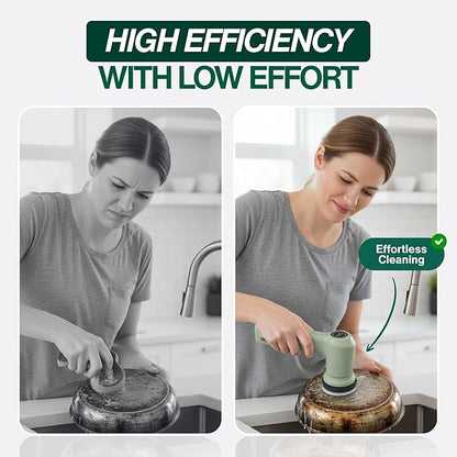Electric Spin Scrubber – Handheld & Ergonomic, IPX7 Waterproof, 4 Multi-Purpose Brush Heads, Long-Lasting Rechargeable Battery – Cleans Dishes, Bathroom, Tile, Grout & Kitchen (Sage)