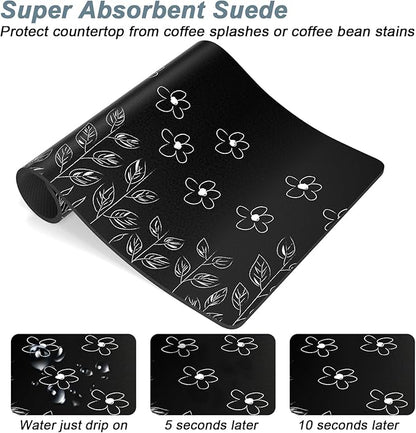 Rnivvi Coffee Mat, 12" x 19" Cute Coffee Bar Mats for Espresso Machine Station Accessories and Organizer, Hide Stain Rubber Backed Absorbent Dish Drying Pad for Kitchen Counter, Black White Flowers
