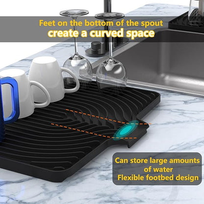 Silicone Drying Mat for Kitchen Counter , Dish Drying Rack Matt with Built in Drain, 18 Inch Dry Mats for Dishes Drying Pad for Kitchen Counter (18×12inch Extra Raised, black)