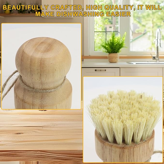 Bamboo Dish Brush,2PCS Wood Dishes Scrub Brush,Kitchen Dish Brush Natural Sisal Bristles with Hook for Cleaning Dishes,Sink, Cast Lron Pan/Pot