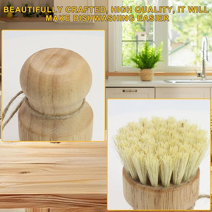 Bamboo Dish Brush,2PCS Wood Dishes Scrub Brush,Kitchen Dish Brush Natural Sisal Bristles with Hook for Cleaning Dishes,Sink, Cast Lron Pan/Pot