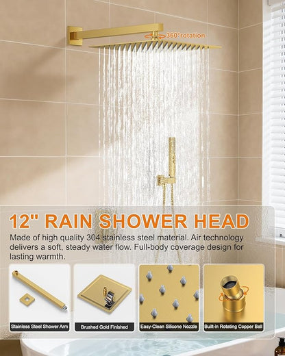 Brushed Gold Shower System with Tub Spout, Wall Mounted Bathtub Shower Faucet Set, 12" Rainfall Shower Head and Handheld Shower Combo, High Pressure Shower Fixtures Set with Rough-in Valve