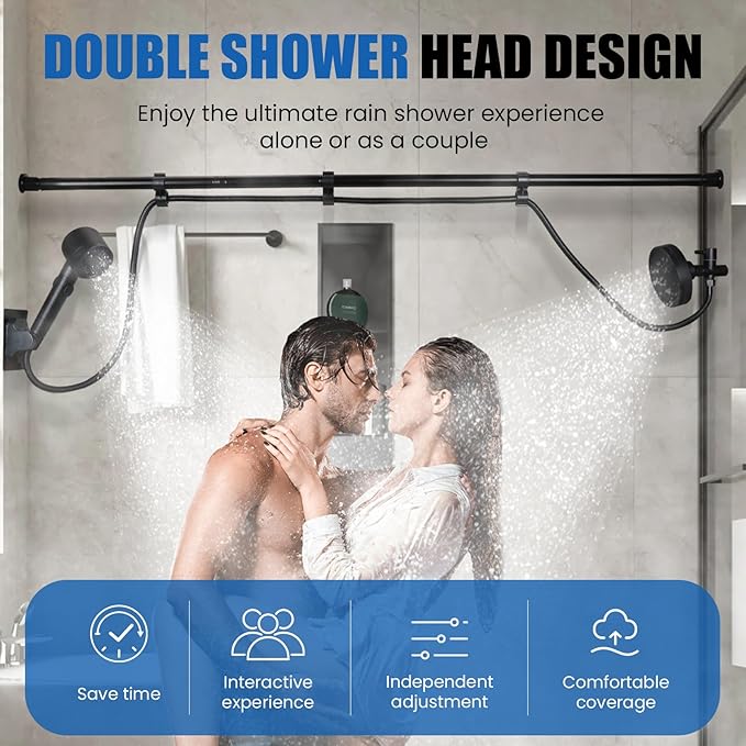 DEVA FRONSA Dual Shower Head for Couples, Double Shower System for Two People, 6+3 Adjustable Spray Modes-High Pressure Tandem Showerhead with 31.5~80.7" Extendable Rod / 78.7" Long Hose, Easy Install