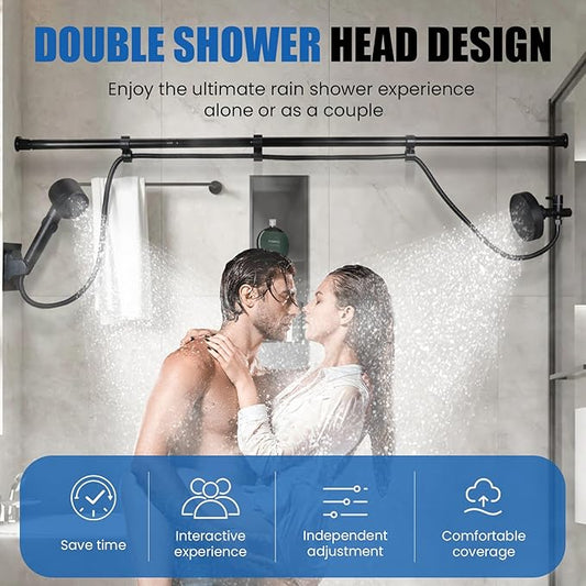 DEVA FRONSA Dual Shower Head for Couples, Double Shower System for Two People, 6+3 Adjustable Spray Modes-High Pressure Tandem Showerhead with 31.5~80.7" Extendable Rod / 78.7" Long Hose, Easy Install
