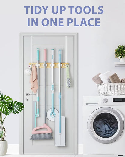 FANGSUN Broom Holder Door Mount Hanging, Over The Door Broom and Mop Organizer with 4 Slots and 4 Hooks, Wooden Tool Rack Storage Hanger for Laundry, Closet, Garage, No Drills
