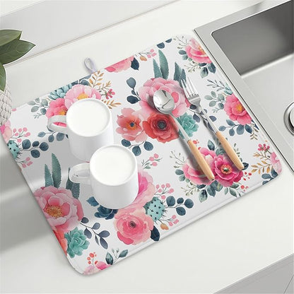 Spring Floral Dish Drying Mat for Kitchen Counter Spring Summer Flowers Kitchen Dish Drying Pad 18”x24” Absorbent Reversible Watercolor Flowers Dishes Drainer Pad Dish Drying Rack Mat for Countertop