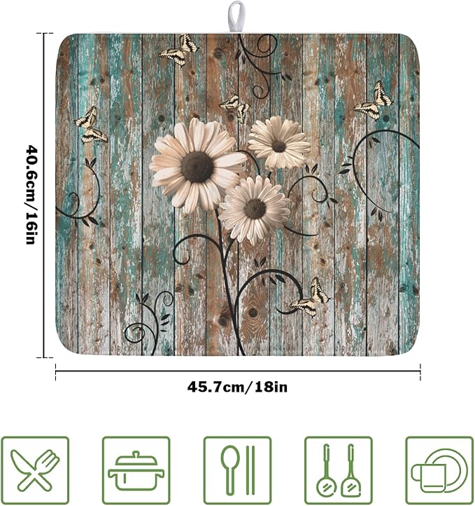 Spring Daisy Dish Drying Mat for Kitchen Counter 16 x 18 Inch Vintage Farmhouse Dish Drainer Mat Absorbent Microfiber Shabby Chic Flowers Dish Rack Pad for Coffee Dining Bar Decor