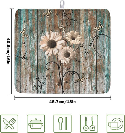 Spring Daisy Dish Drying Mat for Kitchen Counter 16 x 18 Inch Vintage Farmhouse Dish Drainer Mat Absorbent Microfiber Shabby Chic Flowers Dish Rack Pad for Coffee Dining Bar Decor