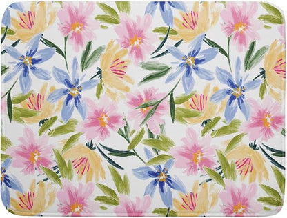 Aportt Spring Summer Floral Dish Drying Mat With Absorbent Reversible Microfiber Colorful Yellow Pink Blue Flowers Drying Mats 18 x 24 Inch Dish Drainer Mat Fast Dry For Kitchen Dining Room