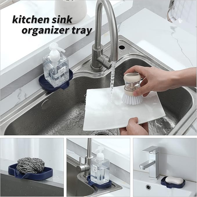 MicoYang Silicone Bathroom Soap Dishes with Drain Spout-Kitchen Sink Organizer,Sponge Holder,Dish Soap Tray,Perfect for Dispenser,Scrubber,Bottle,Cup on Sink or Counter-Navy Blue 4.9"×3.2"