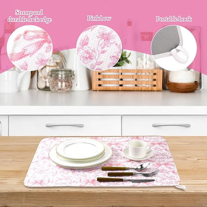 SiliFine 2 Pcs Large Coquette Pink Bow Dish Drying Mat Large for Kitchen, 18 X 24 Inch Bow Absorbent Microfiber Coffee Bar Pad for Women Counter Kitchen Home Accessories Party Gifts