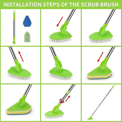 Scrub Cleaning Brush with Long Handle 35'' - Extendable Floor Scrubber with 1 Stiff Bristles & 3 Sponge Brush, Adjustable Lightweigh Detachable Kitchen Brush for Baseboard Shower Bathroom Bathtub Tile