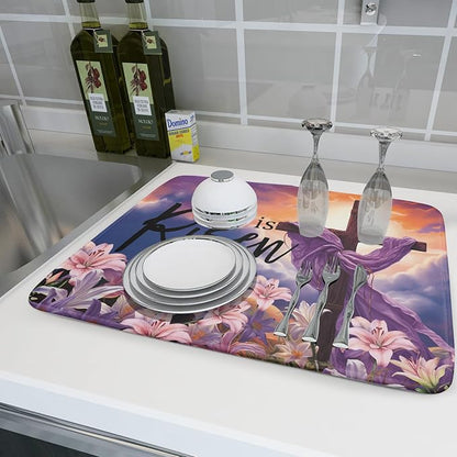 Easter Cross He is Risen Dish Drying Mats 18x24 Inch Spring Drying Mat Absorbent Microfiber Dishes Pad Easter Lily Flowers Dish Drainer Mat Protector for Kitchen Countertops Fast Dry Tableware
