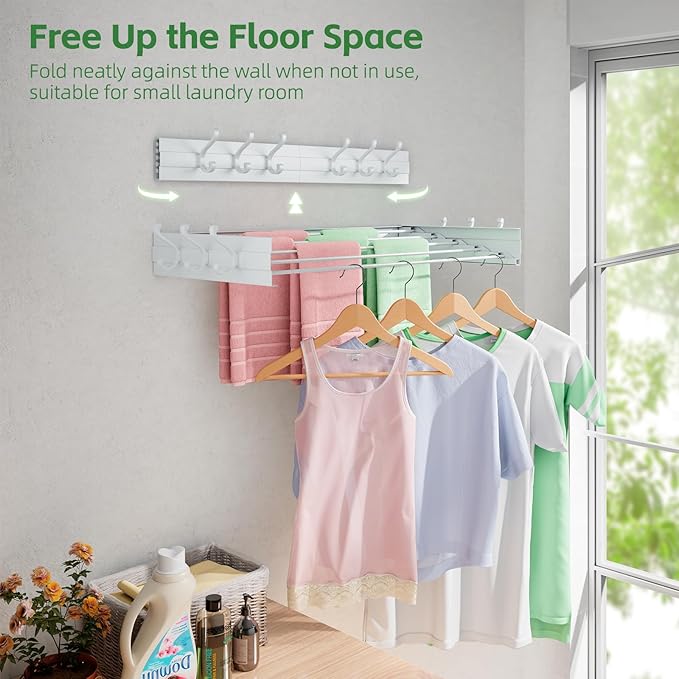 BAKON Wall-Mount-Clothes-Drying-Rack for Bathroom, Foldable-Drying-Rack-Clothing for Small Space, 31.5'' Laundry-Dry-Rack-Collapsible with 6 Hooks and 5 Poles for Living Room, Bedroom, White