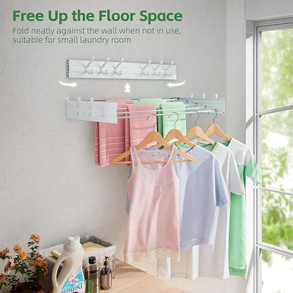 BAKON Wall-Mount-Clothes-Drying-Rack for Bathroom, Foldable-Drying-Rack-Clothing for Small Space, 31.5'' Laundry-Dry-Rack-Collapsible with 6 Hooks and 5 Poles for Living Room, Bedroom, White