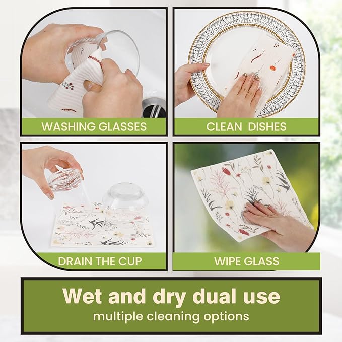 Swedish Dishcloths for Kitchen Reusable 6 Pack Kitchen Towels No Odor Quick-Drying Reusable Paper Towels Reusable Paper Towels Washable for Countertop, Sink, and Kitchen Flower