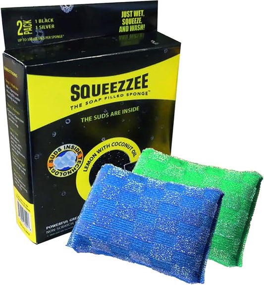 Squeezzee Soap Filled Scrubber Sponges 2-Pack - Non Scratch Scrubbing Sponge with Built-in Dishwashing Liquid Dish Soap, Double Sided Kitchen Cleaning Scrubbers, Up to 300 Washes Per Sponge