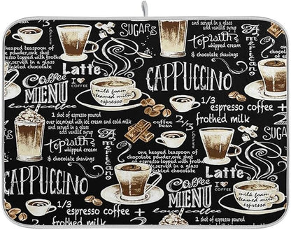 Coffee Black Dish Drying Mat for Kitchen Coffee Beans Maker Cappuccino Latte Chocolate Microfiber Drying Mats Absorbent Reversible Dish Pad Medium Dish Draining Mat 16x18 inch