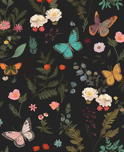 Boho Butterfly Adhesive Shelf Liner Contact Paper, 17.5" x 78" Vintage Black Floral Wallpaper for DIY Craft, Vinyl Removable Wallpaper for Dresser Dollhouse Cabinet Drawer in Dark Colorful
