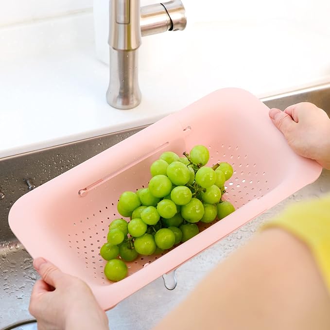BLUE GINKGO Over the Sink Colander Strainer Basket - Wash Vegetables and Fruits, Drain Cooked Pasta and Dry Dishes - Extendable - New Home Kitchen Essentials (Pink, 2 Pack)