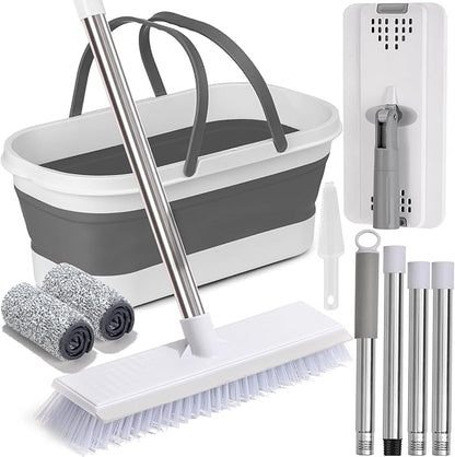 Flat Mop and Bucket Set with Heavy Duty Scrub Brush, 2 Washable Reusable Microfiber Pads, for Tile Hardwood, Wall Cleaning, Home Indoor or Outdoor Cleaning (White-Gray)