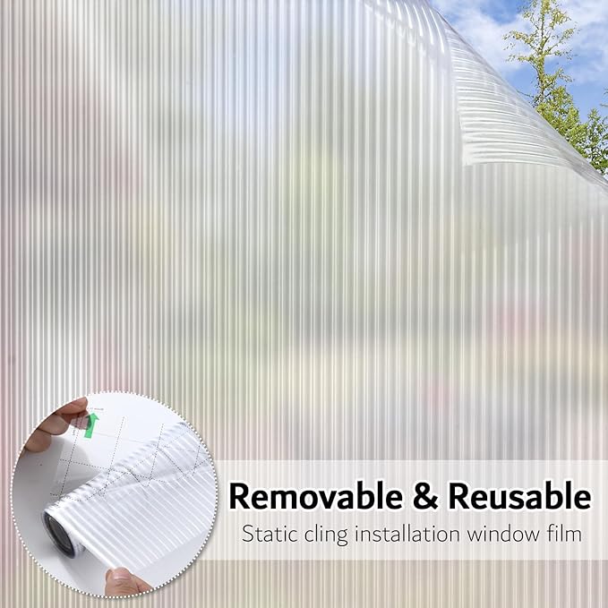 VELIMAX Reeded Glass Privacy Film, Frosted Window Vinyl, 3D Decorative Window Decals Non Adhesive for Bathroom & Living Room, 35.4x78.7 inches