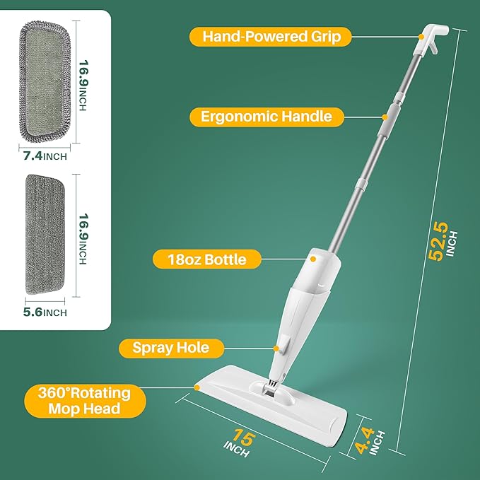 JOYMOOP Spray Mop for Floor Cleaning, Dry & Wet Microfiber Cleaner with 18oz Refillable Bottle and 2 Replacement Pads, for Home or Commercial Use