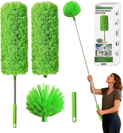 Cobweb Duster with Extension Pole, Washable Cleaning Duster Kit with 3 Duster Heads, Cobweb Duster, Corner Brush, Aluminum Telescoping Pole for high Ceiling Fan，Spider Web Brush with Extension Pole