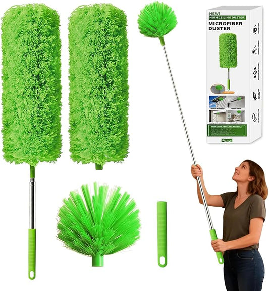 Cobweb Duster with Extension Pole, Washable Cleaning Duster Kit with 3 Duster Heads, Cobweb Duster, Corner Brush, Aluminum Telescoping Pole for high Ceiling Fan，Spider Web Brush with Extension Pole