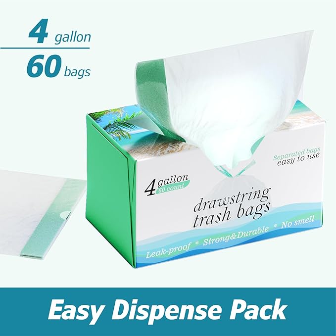 4 Gallon Drawstring Trash Bags - 0.5 Mil Strong - Small Garbage Bags - for Office Bathroom Kitchen - Individual, Unscented, White, 19" x 19", 60 Count