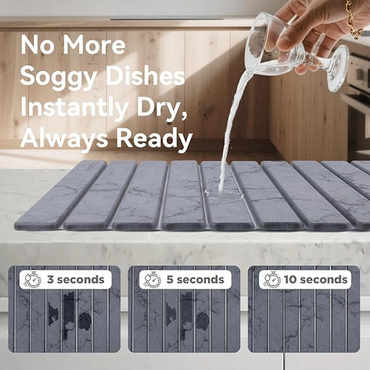 Stone Dish Drying Mat for Kitchen Counter, 24 x 16 inches, Fast Drying Collapsible Dish Drying Mat, Eco-Friendly Absorbent Diatomaceous Earth Mats for Dishes Bottles Cups (Dark Gray)