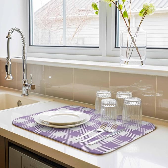 Dish Drying Mat Purple Buffalo Check Plaid Drying Mats for Kitchen Counter Farmhouse Style Absorbent Microfiber Dish Drainer Quick Drying Coffee Mat with Hanging Loop, 16 x18 inch