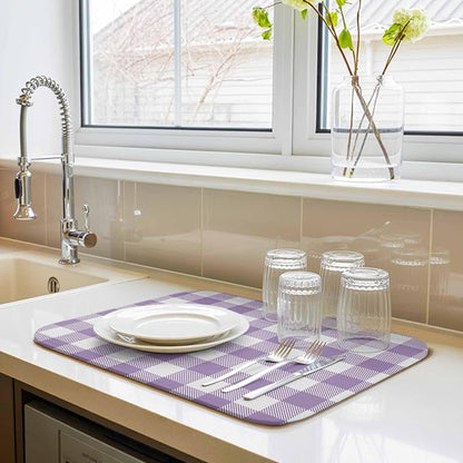 Dish Drying Mat Purple Buffalo Check Plaid Drying Mats for Kitchen Counter Farmhouse Style Absorbent Microfiber Dish Drainer Quick Drying Coffee Mat with Hanging Loop, 16 x18 inch