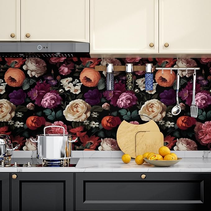 Fvlow Dark Floral Wallpaper Peel and Stick Vintage Colorful Flower Contact Paper 17.4" x 118" Black Floral Wallpaper Waterproof Self-Adhesive Wall Covering for Bedroom Countertop Desk Cabinet