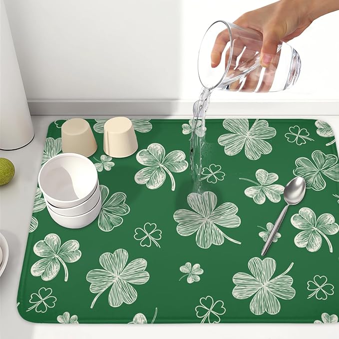 St Patrick's Day Dish Drying Mat 18 x 24 Inch Green Shamrock Dish Drainer Rack Mat Absorbent Microfiber Mats for Spring Lucky Clovers Dish Pad for Kitchen Coffee Bar Decor