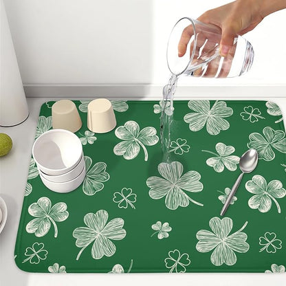 St Patrick's Day Dish Drying Mat 18 x 24 Inch Green Shamrock Dish Drainer Rack Mat Absorbent Microfiber Mats for Spring Lucky Clovers Dish Pad for Kitchen Coffee Bar Decor