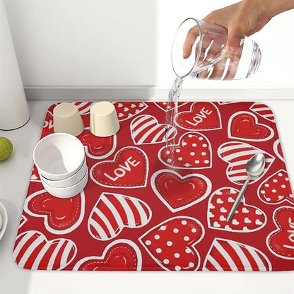 Valentines Day Dish Drying Mat for Kitchen Counter Red Polka Dot Stripe Love Heart Pattern Drying Mat 16x18 Inch Valentines Holiday Absorbent Dish Drainer Mat Kitchen Accessories
