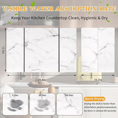 Stone Dish Drying Mat for Kitchen Counter, 24''×15'' Dishes Drying Matt Kitchen Counter, Absorbent Diatomaceous Earth Bath Quick Dry Mats for Tableware, Bottles and Cup (White Marble)