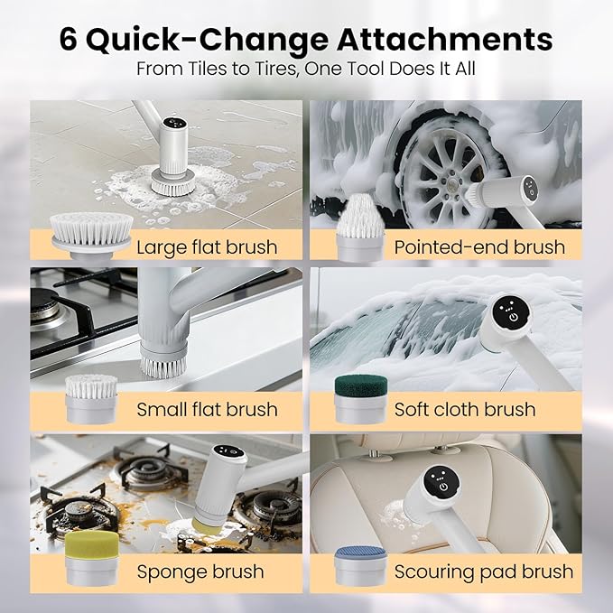 Electric Spin Scrubber - 4500mAh Cordless Cleaning Brush with 6 Brush Heads, 47" Adjustable Handle Relieves Back Pain, IPX7 Waterproof Power Scrubber for Bathroom Shower Floor Tile Bathtub