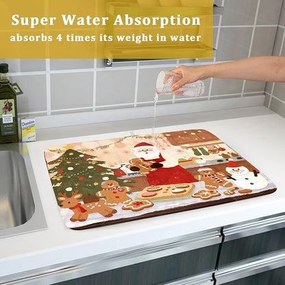 Christmas Dish Drying Mat for Kitchen Counter 18x24 Santa Claus Gingerbread Winter Xmas Holiday Themed Absorbent Reversible Microfiber Drying Mats Kitchen Countertop Protector Dishes Drainer Rack Pad